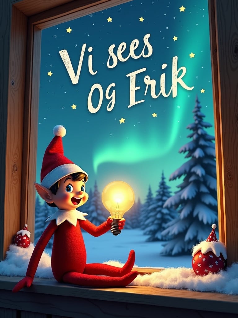 Cheerful elf on a shelf sitting by a window during winter. Elf gazes out at stunning northern lights. Elf grabs a bright light bulb looking excited. Handwritten text 'Vi sees Gustav og Erik' glows warmly in the sky. Snow and holiday decorations adorn window ledge. Surrounding view filled with snow-covered trees enhancing magical atmosphere. Capture spirit of festive season and anticipation of Christmas.