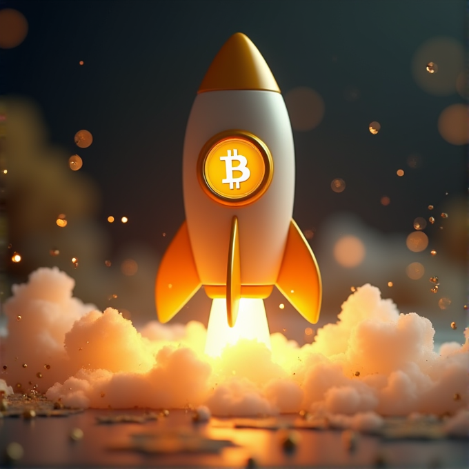 A stylized rocket with a Bitcoin symbol taking off amidst glowing clouds and sparkles.