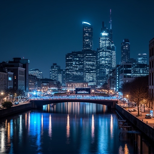 Night view of Dublin city. Sky is dark with illuminated skyscrapers. River reflects city lights. Wireless connectivity theme through visual elements.