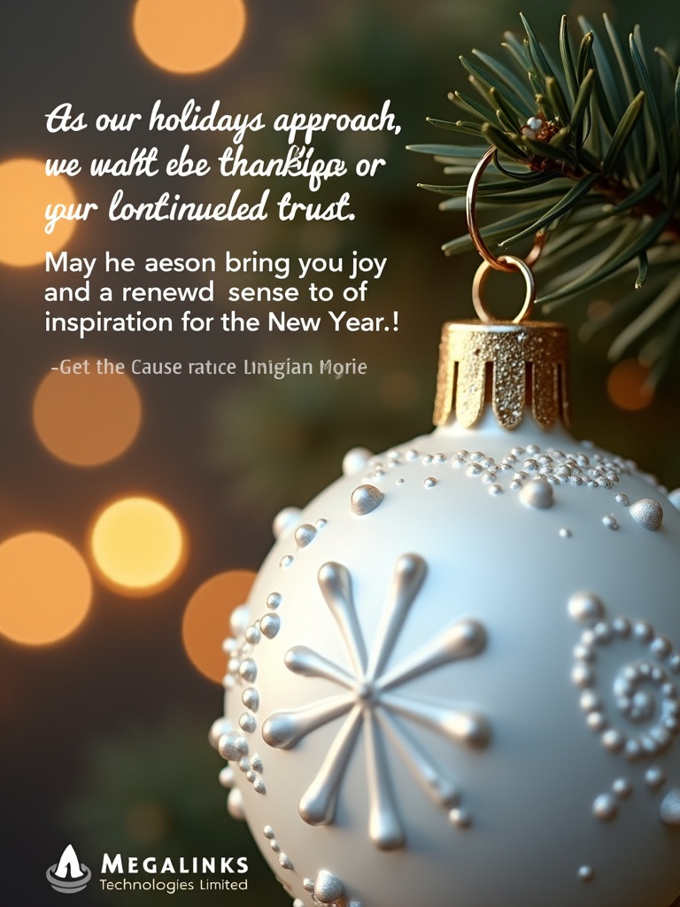 Close-up view of white Christmas bauble decoration. Text expresses gratitude and holiday wishes for joy and inspiration in the New Year. Twinkling lights create magical atmosphere.