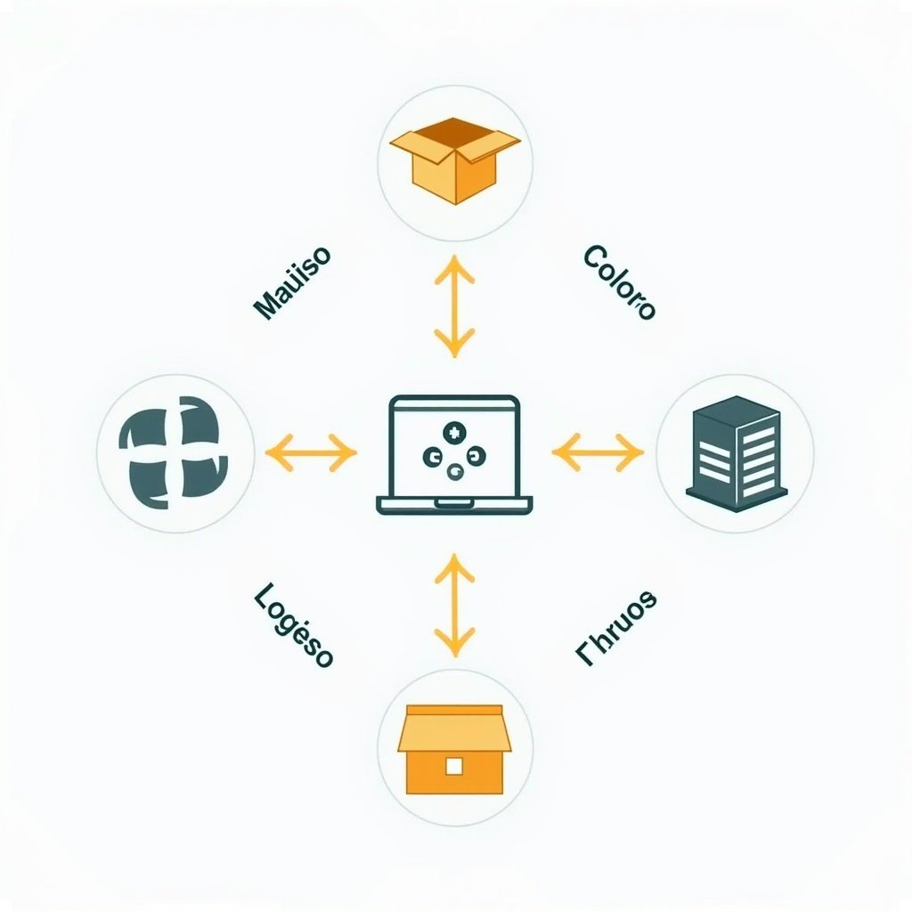 Diagram illustrating the flow of using a logistics and container storage application. Main components include a computer, boxes, and warehouse storage. Arrows indicate process flow.