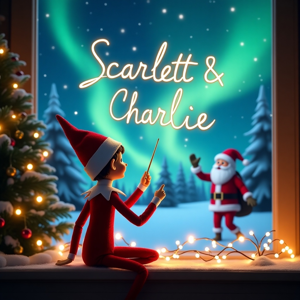 An enchanting Christmas scene featuring an elf on the shelf with its back to the viewer. The elf is seated and uses a magic wand to write in the sky. The backdrop showcases vibrant northern lights illuminating the night sky. In the distance, Santa Claus can be seen, enhancing the magical atmosphere. The names 'Scarlett & Charlie' are elegantly written in glowing script. The scene captures the essence of holiday joy and magic. It's festive and whimsical, perfect for children and families.