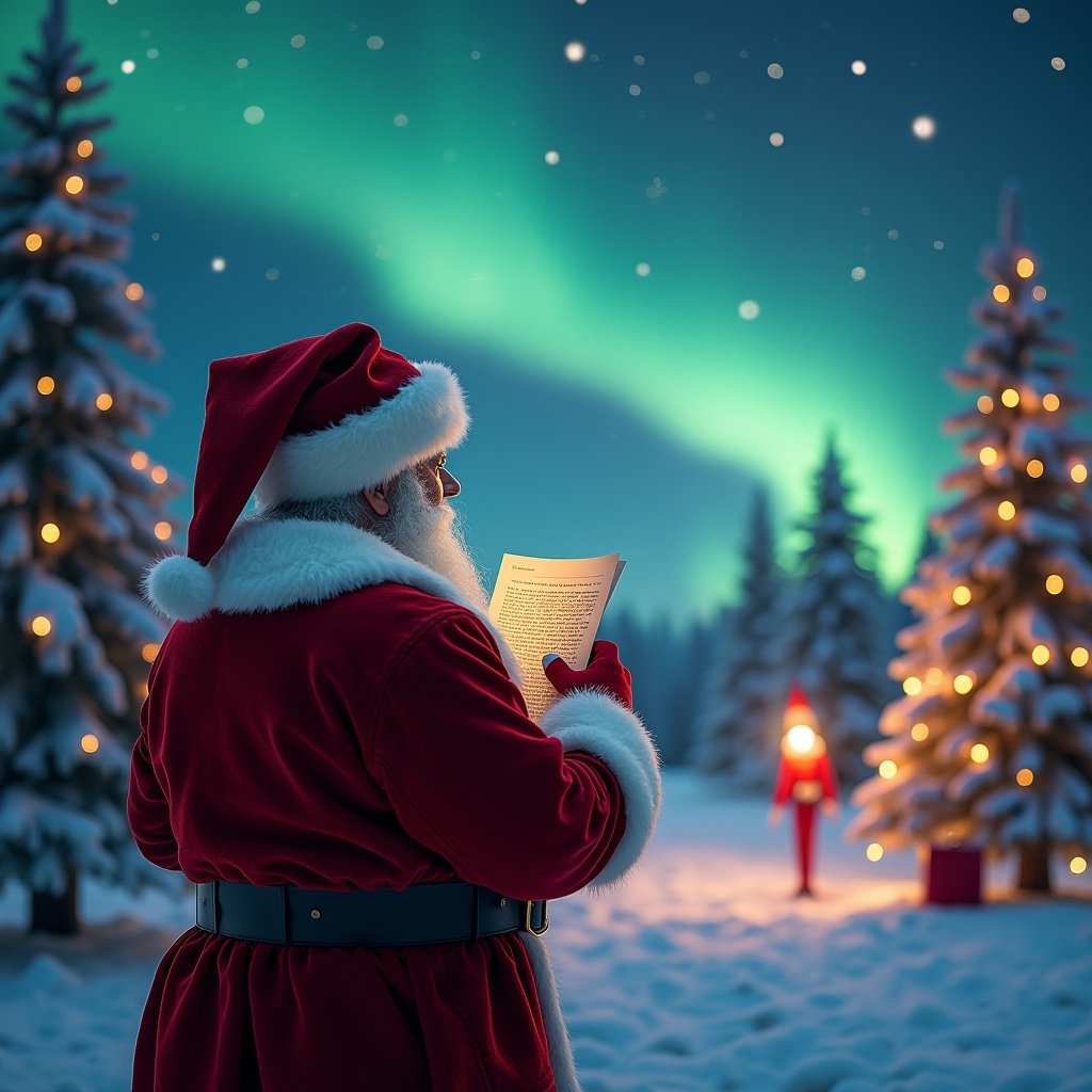 Traditional Santa Claus with his back turned. Holding a letter. Facing a vibrant night sky filled with northern lights. Surrounding snow-covered trees decorated with lights. Elf on the shelf in the distance. Enchanting, magical atmosphere of the holiday season.