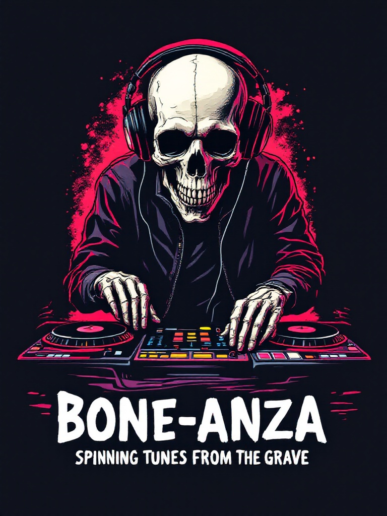 T-shirt design presents a skull with headphones engaging with a turntable featuring a vibrant color scheme. The text 'Bone-anza: Spinning tunes from the grave' is prominently displayed. The art appeals to music lovers and party enthusiasts.