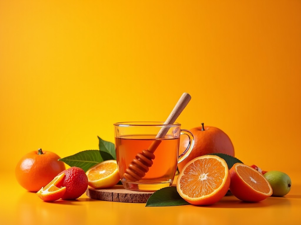 A visually appealing scene featuring a clear cup of honey and orange drink resting on a wooden coaster. Surrounding the cup are vibrant orange fruits, both whole and sliced, along with green leaves. The background is a bright yellow, enhancing the fresh and cheerful vibe of the image. The honey dipper is positioned in the cup, emphasizing the natural ingredients. This composition evokes a sense of health and refreshment, perfect for promoting wellness and natural living.