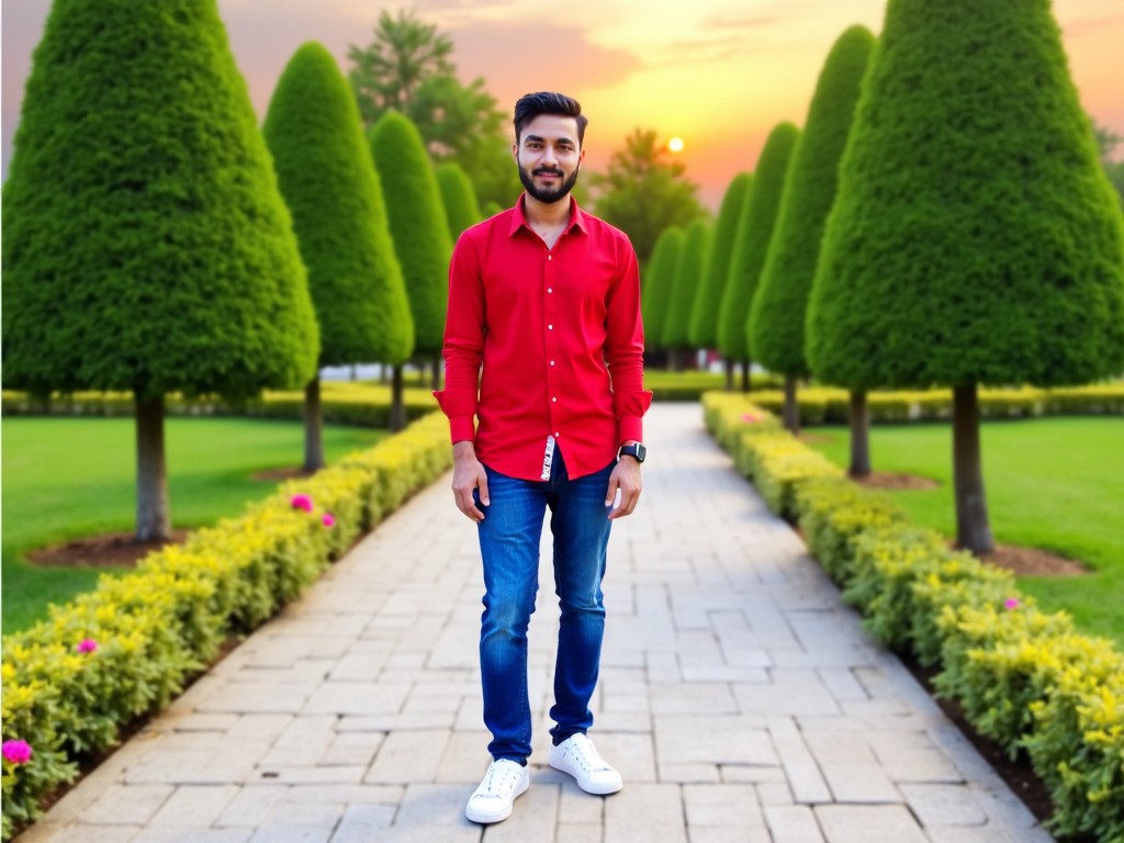 A person standing on a pathway in a garden with neatly trimmed topiary trees, under a sunset sky, wearing a red shirt and jeans.