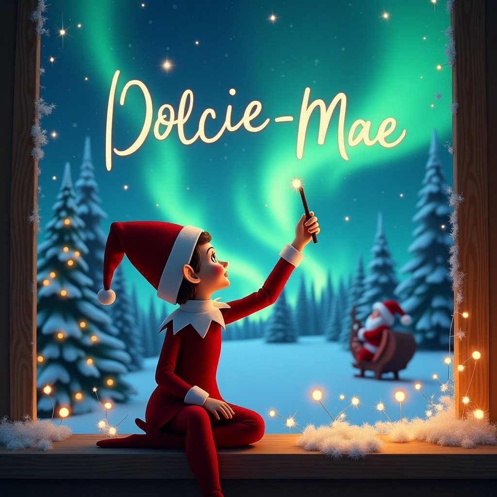 The scene features an 'Elf on the Shelf' character with its back turned, facing a magical night sky illuminated by northern lights. The elf is depicted holding a wand, gracefully writing the name 'Dolcie-Mae' in the air. In the distance, Santa can be seen, adding to the magical atmosphere of Christmas. The landscape is filled with snow-covered trees and twinkling fairy lights, enhancing the festive spirit. This enchanting image captures the wonder of the holiday season and the joy of childhood imagination.