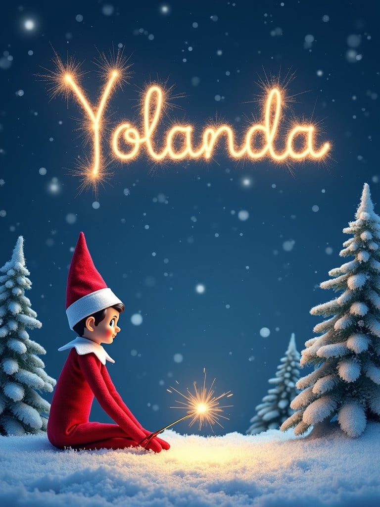 Create a picture of Elf on the Shelf. Snowy scene at night. Name Yolanda written in the sky. Use sparklers for the name.