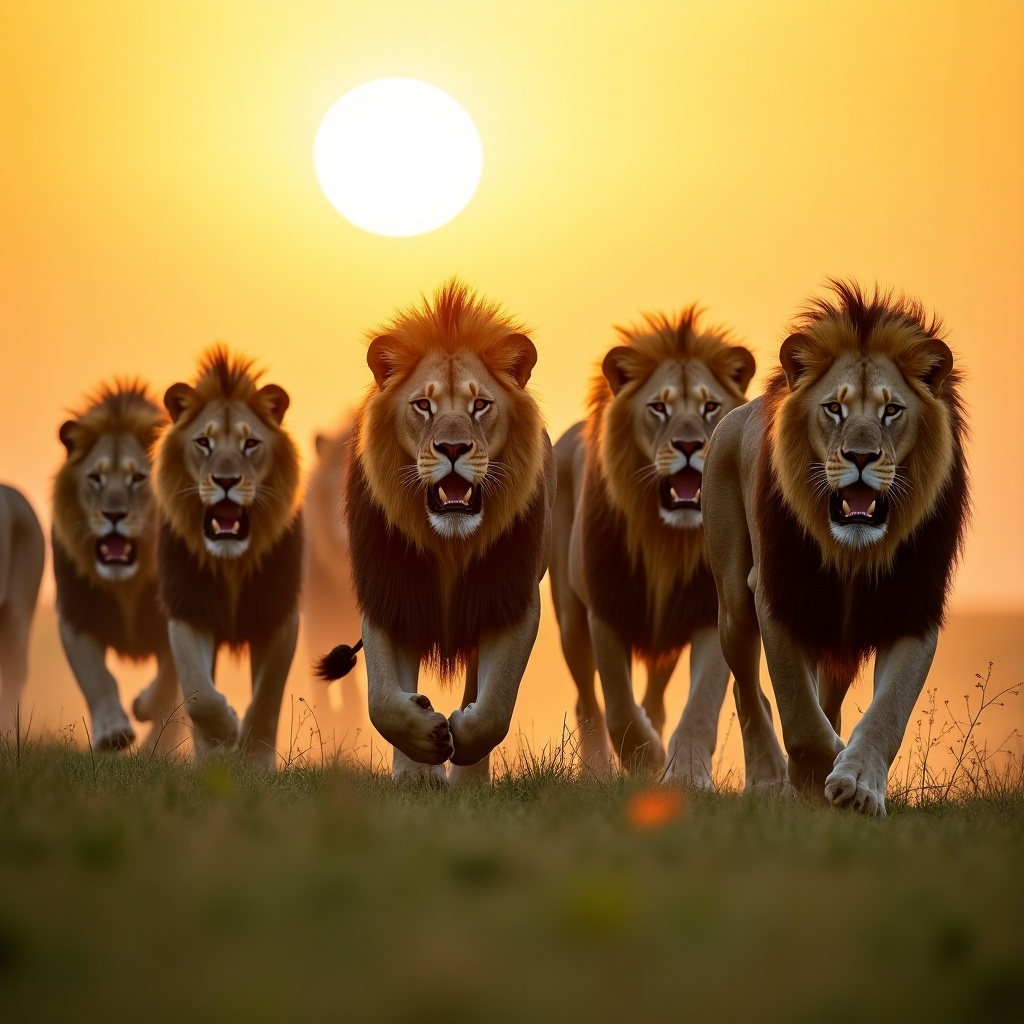 This image features a striking scene of a group of lions running towards the viewer against the backdrop of a golden sunrise. The lions are positioned prominently, their muscular bodies and flowing manes highlighted by the sunlight. The landscape is a soft green field, contrasting with the bold colors of the lions and the sky. The composition conveys a sense of power and unity among these majestic creatures. It is an evocative representation of wildlife behavior in its natural habitat, ideal for appreciation of African wildlife and nature.