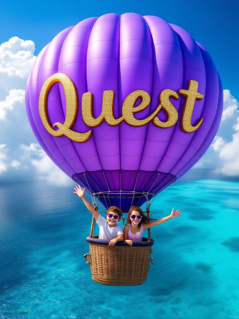 A vibrant purple hot air balloon floats over turquoise waters. The balloon features the word 'Quest' in shimmering gold letters. Two cheerful children wave from the basket. They wear sunglasses. The scene is bright with fluffy white clouds and sparkling sunlight.