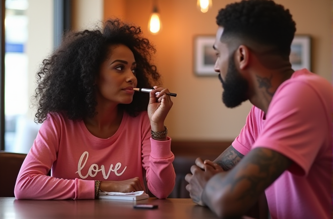 A woman and a man in pink shirts are sitting at a table having a conversation.