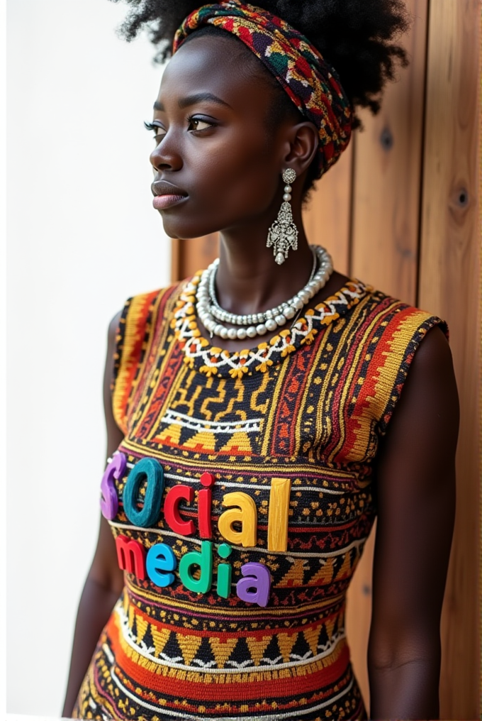 A woman in a vibrant, patterned dress with 'social media' in colorful letters, adorned with elegant jewelry, stands against a wooden background.