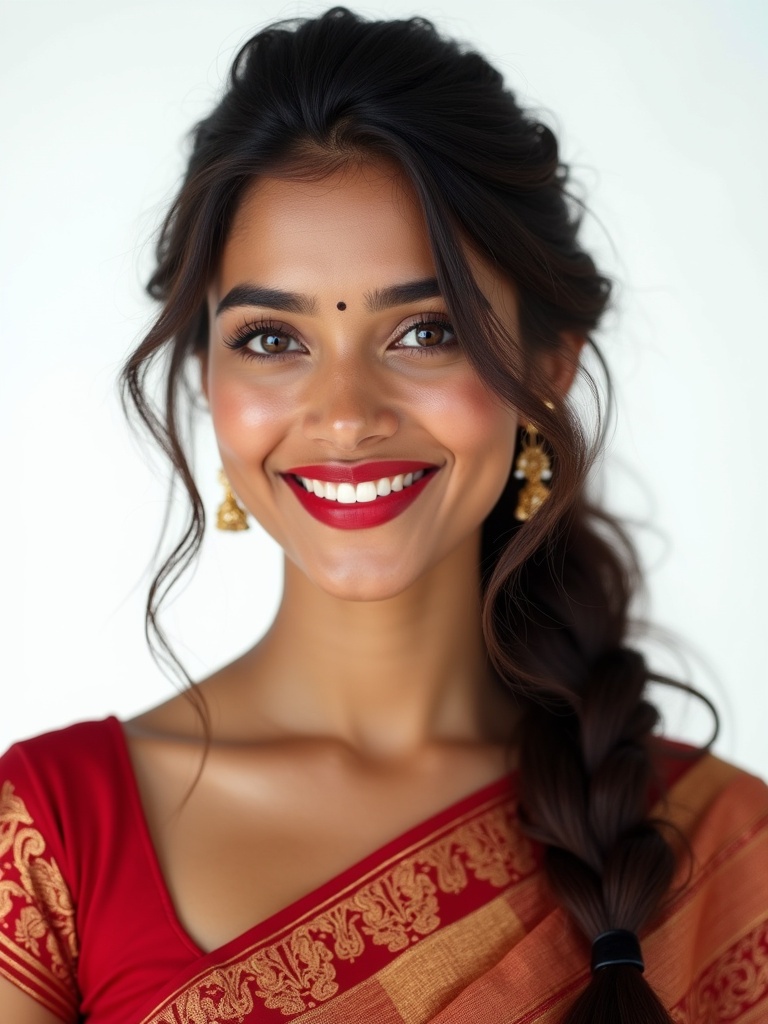 21-year-old Indian woman posed in a full-body view against a white background. She wears a beautifully patterned saree. Long brown hair styled in an elegant updo. Warm Indian skin tones and expressive deep brown eyes. Red lipstick adds contrast. Studio quality with hyper-realistic skin details and perfect smile.