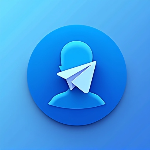 Modern minimalistic logo with blue tones. Central element is a stylized user avatar icon that is partially dimmed. The design has a sleek tech-themed look with smooth gradients. The logo has soft edges in a circular shape. A Telegram-style paper plane is subtly integrated.