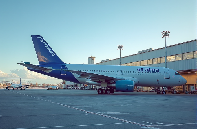 A blue and white airplane is parked near an airport terminal during sunset.