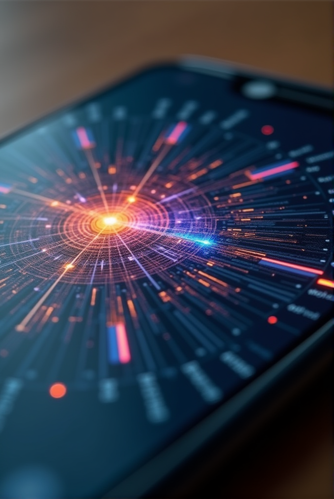 A close-up view of a smartphone screen displaying an intricate, circular data visualization with vibrant colors and radial patterns.