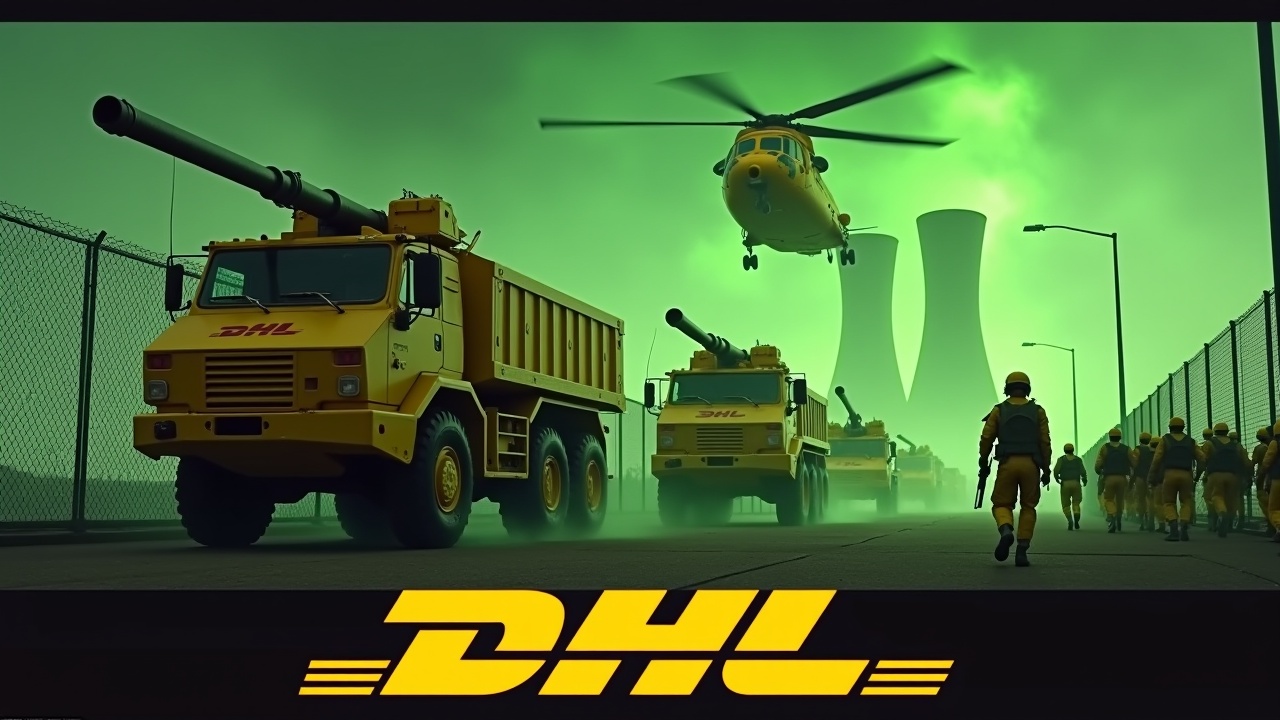 In a dramatic scene, large yellow armored trucks with cannons approach a fence, prominently displaying the DHL logo. Nearby, soldiers in yellow uniforms march in unison, holding rifles and one waves a flag with the DHL logo. The background features smokestacks of a nuclear power plant glowing green, adding to the intensity. Above, a yellow Chinook helicopter flies, enhancing the dramatic effect. The bottom of the image showcases the DHL logo in bold, yellow text, solidifying the brand's presence in the scene.