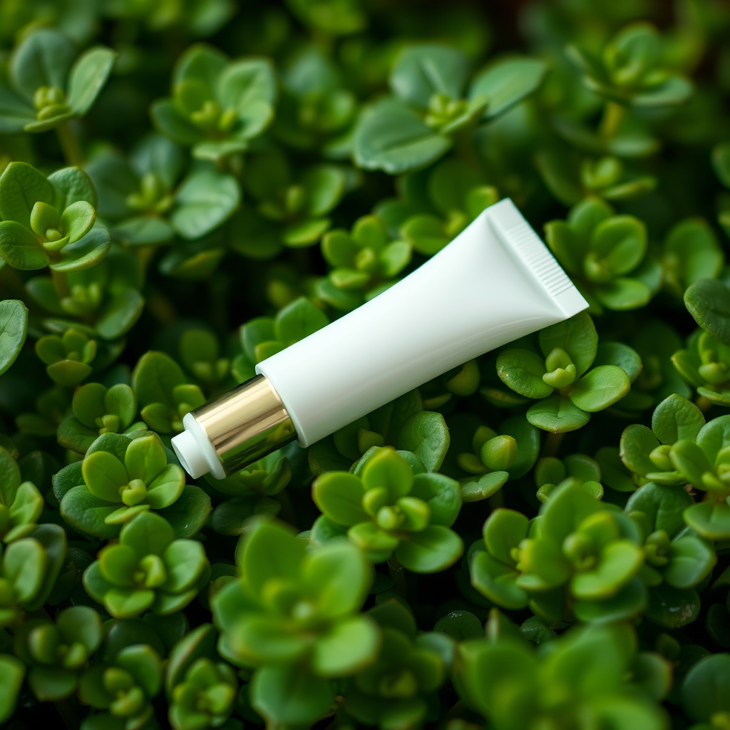 A white cosmetic tube with a gold cap is nestled among lush, vibrant green leaves.