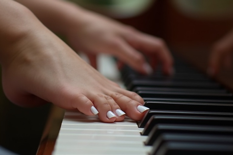 A close-up shot shows a woman's feet. Feet have white toenail polish. The feet are positioned over piano keys. The image focuses on the elegant connection. Only feet are visible; no hands can be seen.