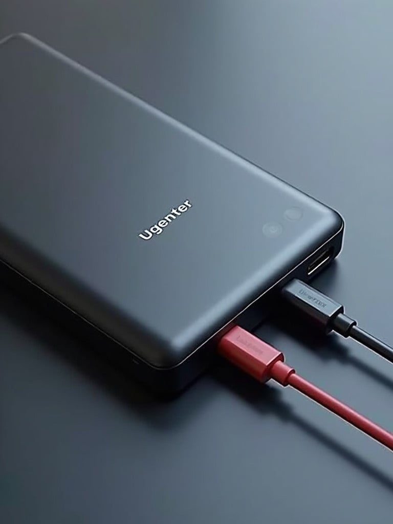 AI designed power bank with 20000mah capacity named Ugenter. Two cables with chargers plugged into the power bank.