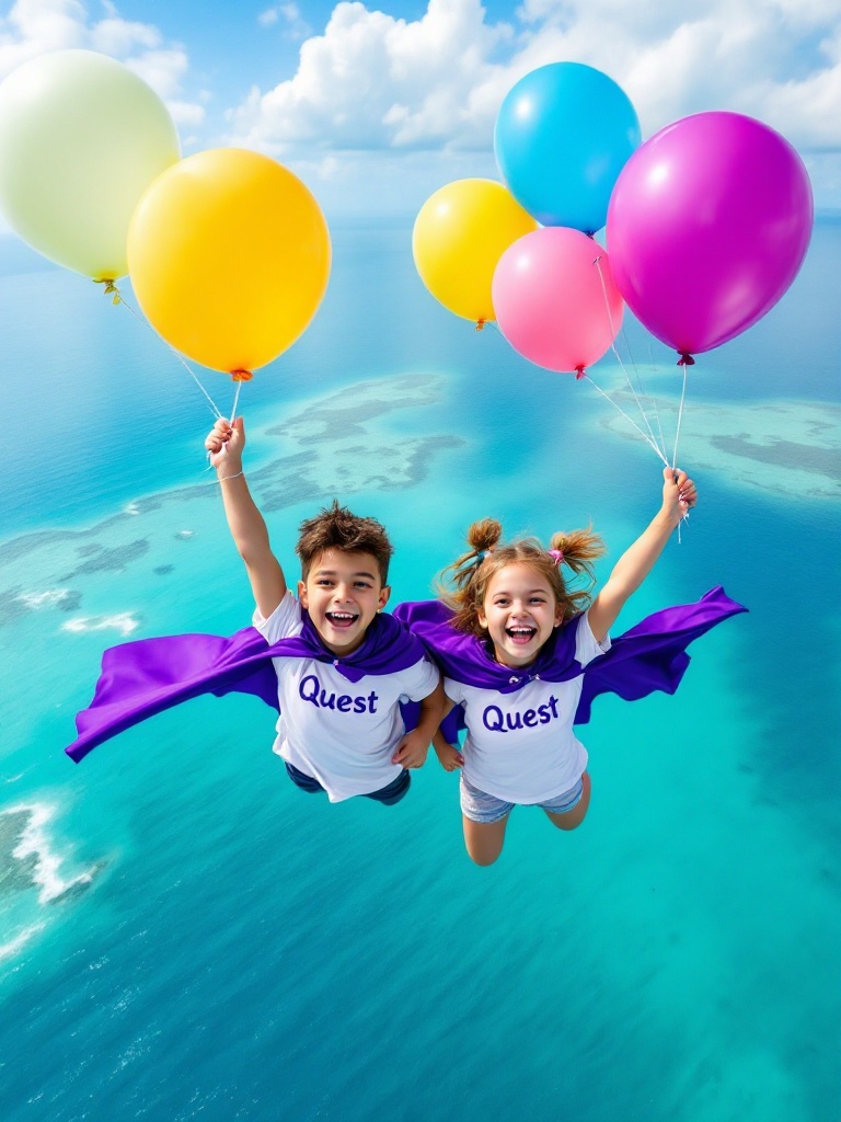 Image features two joyful kids floating above the Caribbean Sea. Children fly with colorful balloons. Both wear purple capes. White t-shirts display the word Quest.