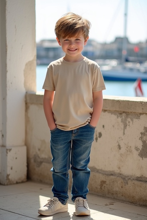 A young boy stands on a balcony. He wears a large beige T-shirt and blue jeans. His hands are in his pockets. Tousled light brown hair. The background shows a sunny harbor.