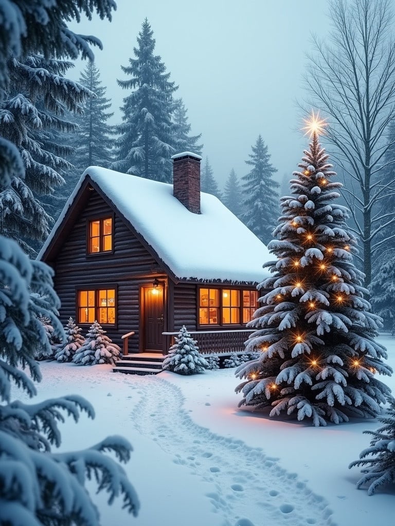 A serene Christmas scene features a cozy cabin surrounded by snow-covered pine trees and a decorated Christmas tree.