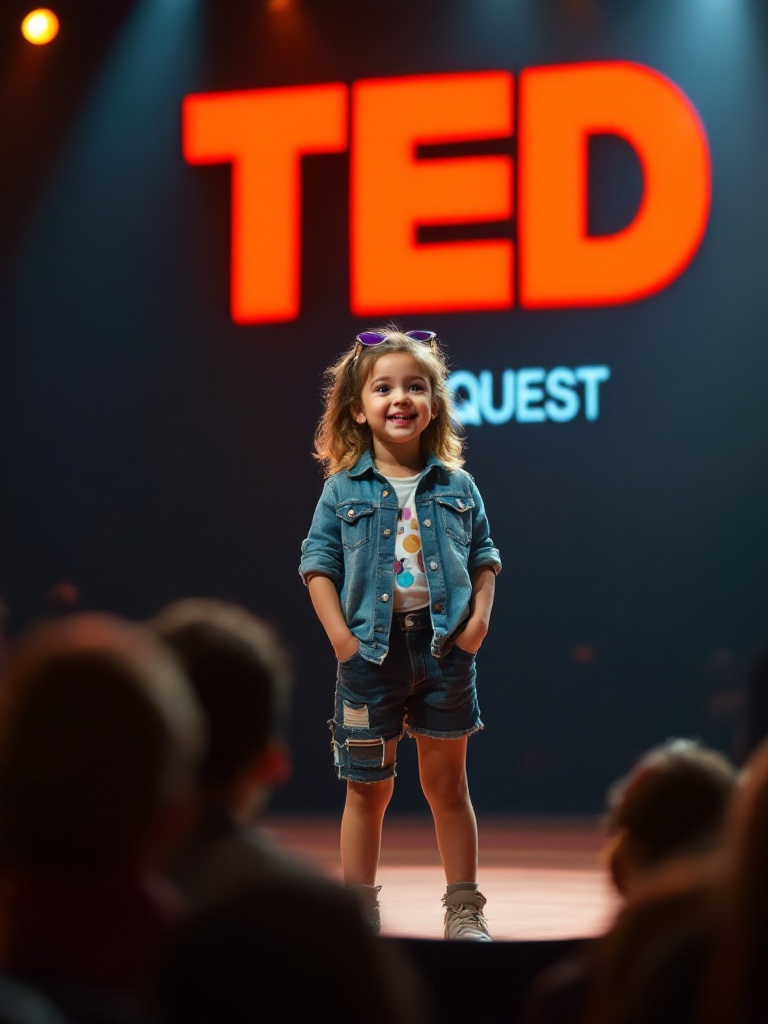 Generate an image of a confident happy four-year-old girl standing on a stage. She wears cool stylish clothing reflecting her vibrant personality. The stage has a spotlight highlighting her with a backdrop that says QUEST. The audience is captivated by her enthusiasm. The atmosphere blends professionalism with youthful energy showcasing her unique ability to communicate.