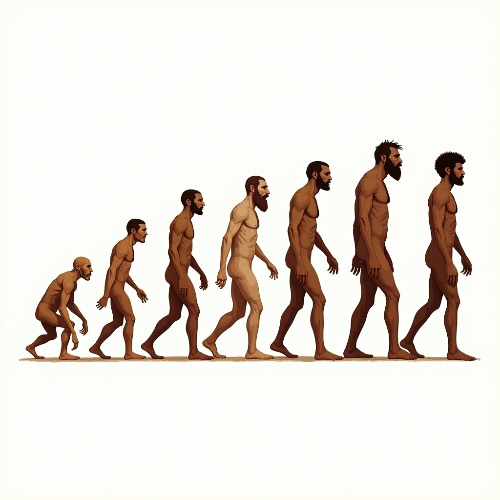 Diagram illustrating the stages of human evolution. Progression from ape-like figure to modern humans. Detailed figures showcase various traits. Designed for logo.