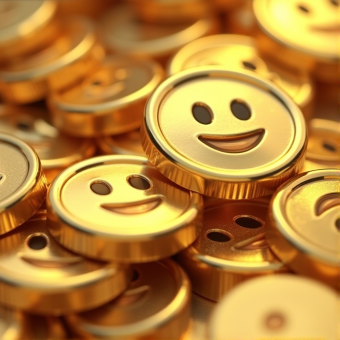 Golden coins with smiley faces are piled together, creating a cheerful scene.