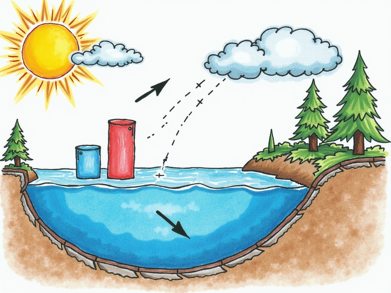 This image illustrates the water cycle in a child-friendly manner. It features the sun shining in a bright sky with cute cartoon clouds. The landscape has a blue water body with hills shown in brown and green. There are two tall tubes, one blue and one red, representing different states of water. The diagram visually explains how water evaporates, condenses, and returns to the ground. It's colorful and engaging for educational purposes.