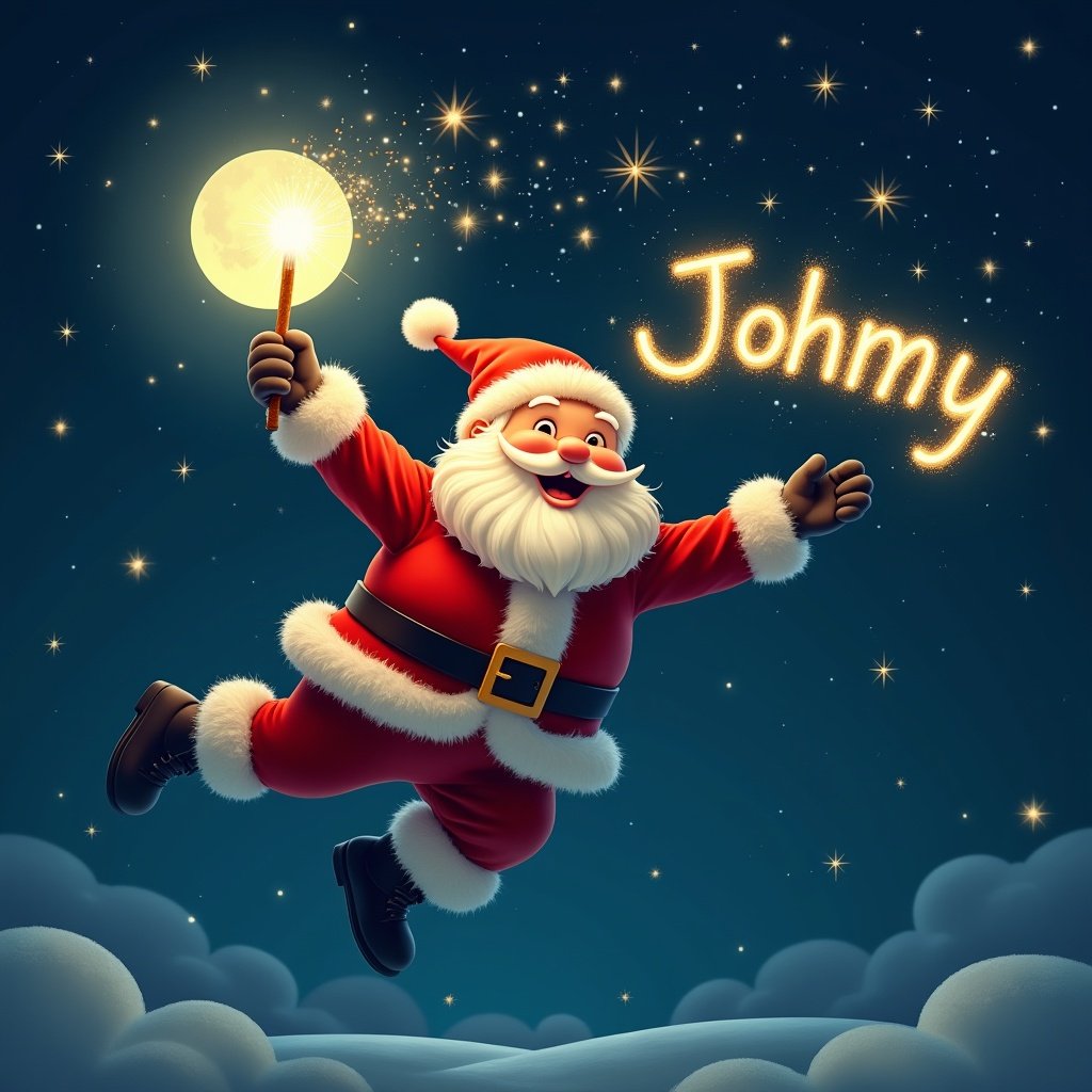 Santa Claus uses a sparkling wand to write in the night sky.