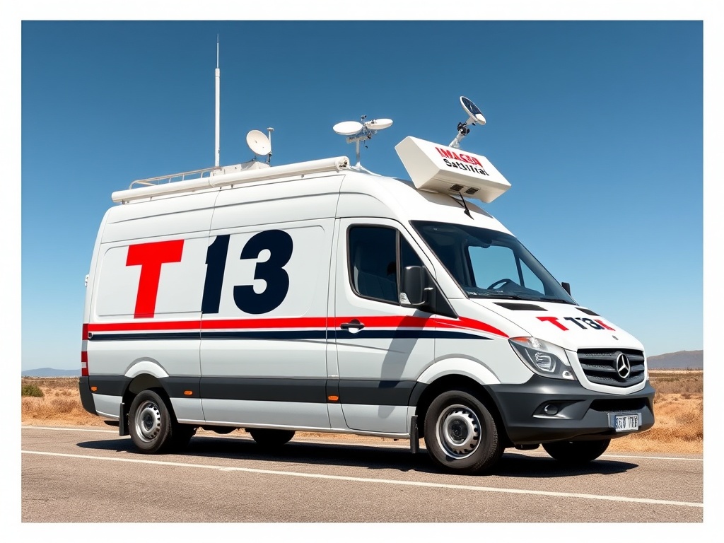 A news broadcast van equipped with satellite dish and antennas parked on a rural road.