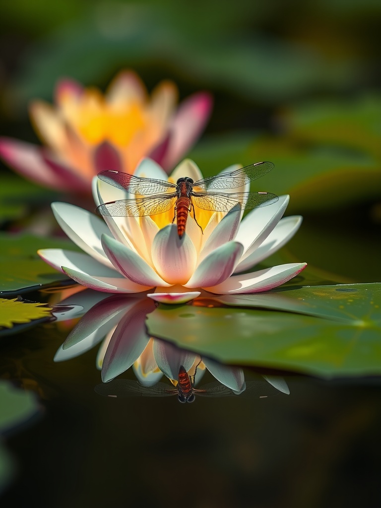 A vivid dragonfly rests gently on a blossoming lotus flower floating on tranquil water. The dragonfly's transparent wings catch the light, giving them an ethereal glow. Surrounding lily pads and a blurred background enhance the serene ambiance.