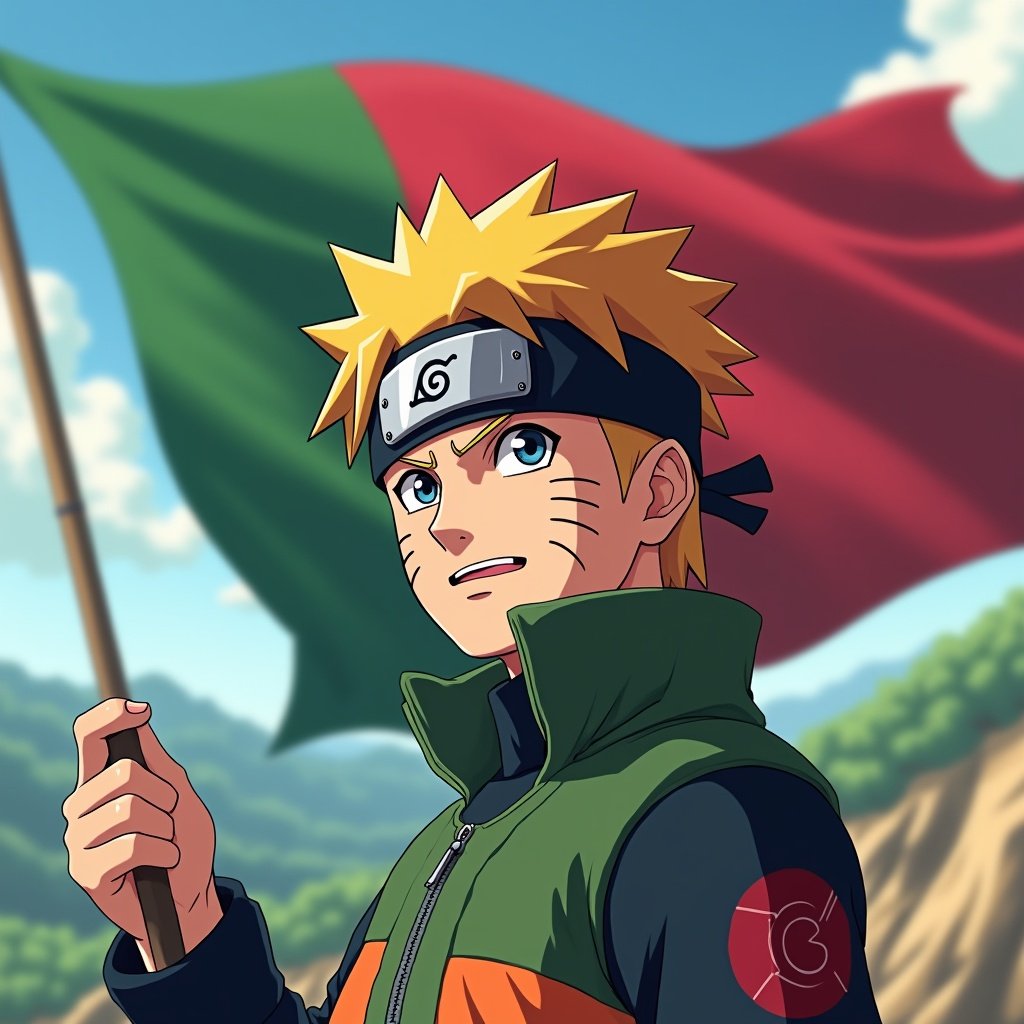 Anime character inspired by Naruto Shippuden stands with a Portugal flag in a scenic background.