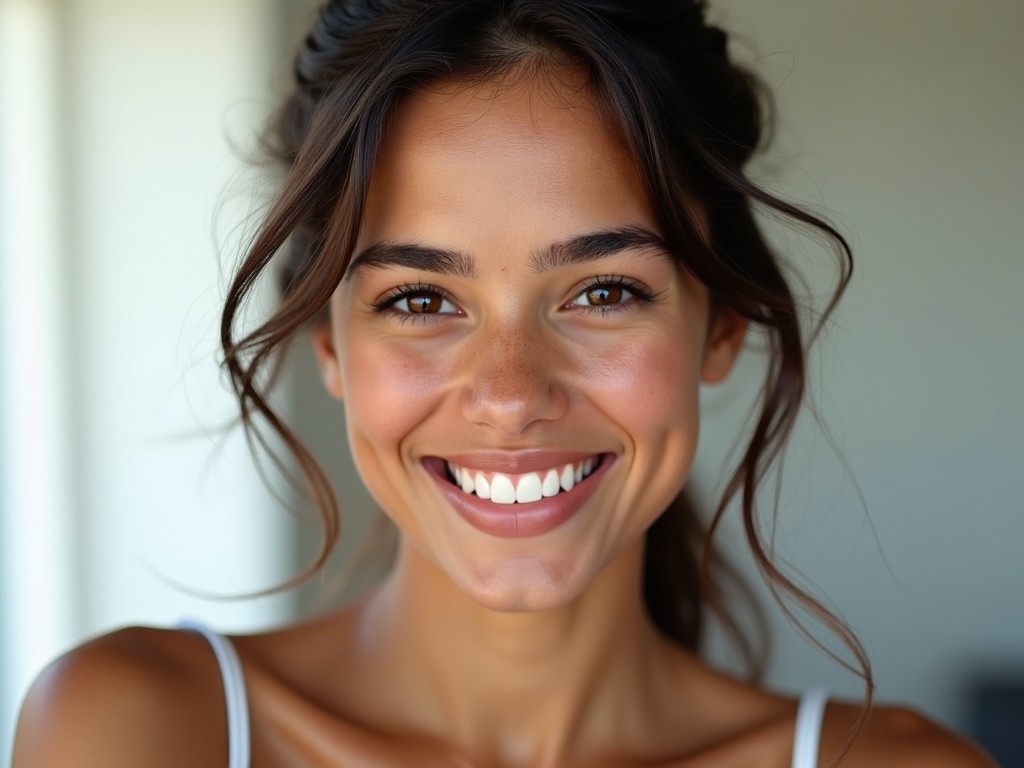 a close-up portrait of a smiling woman with brown hair in natural light, wearing a white tank top