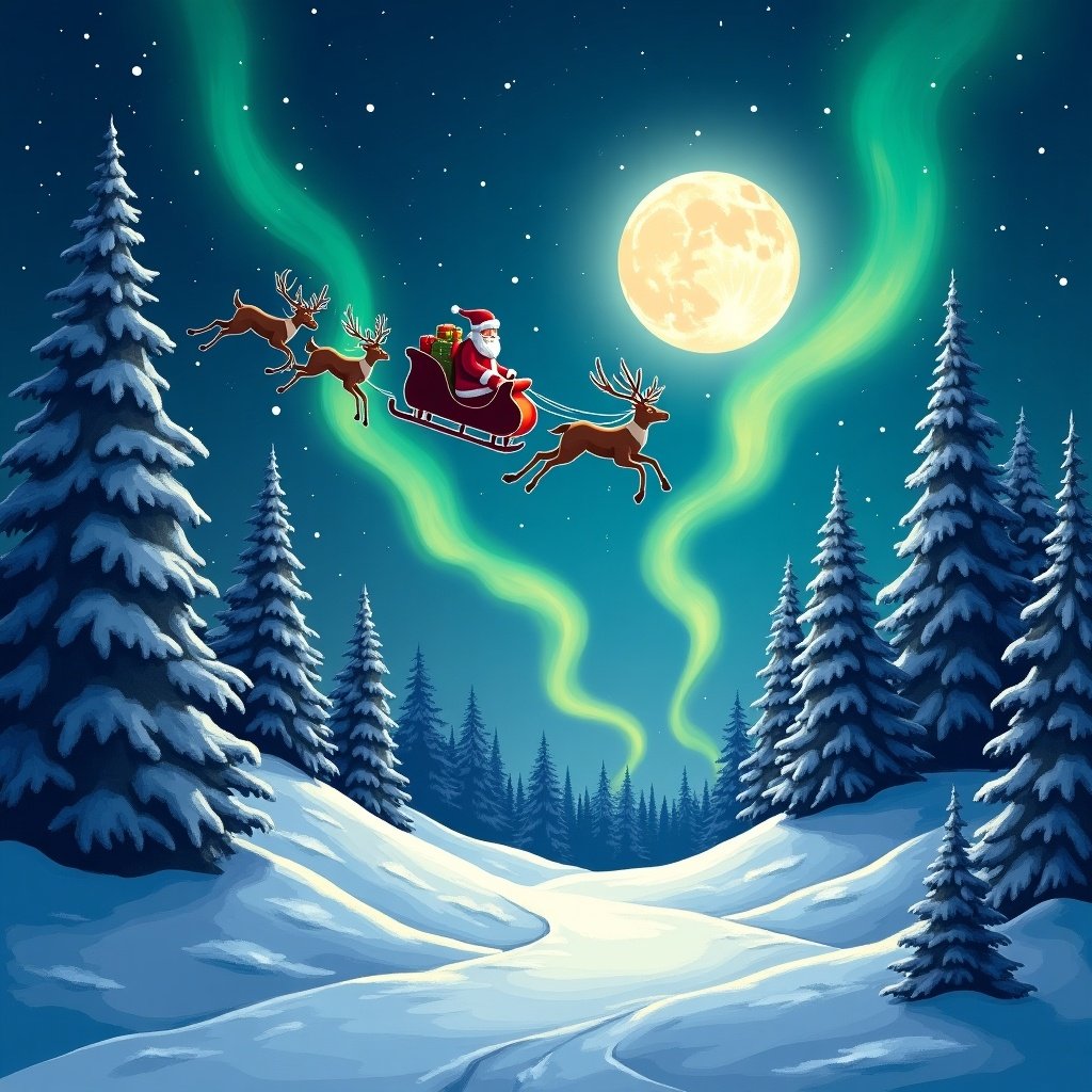 Magical winter night scene in the North Pole Northern lights Santa Claus flying in his sleigh pulled by reindeer Bright full moon shines over snow-laden trees A serene snowy path leads into the forest Christmas spirit evoked