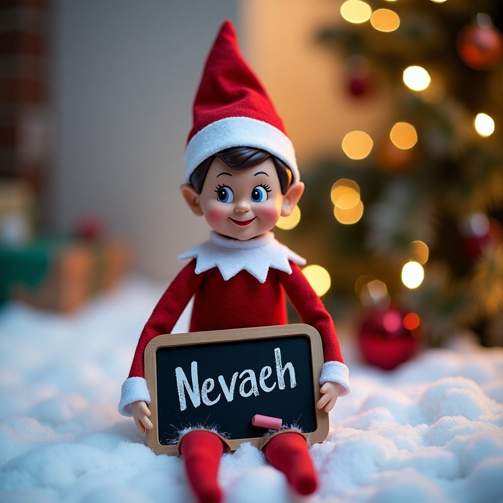 Elf on the shelf outside holding a chalkboard writing the name Nevaeh. Christmas setting with festive decorations. Soft lighting and warm colors enhance the appeal.