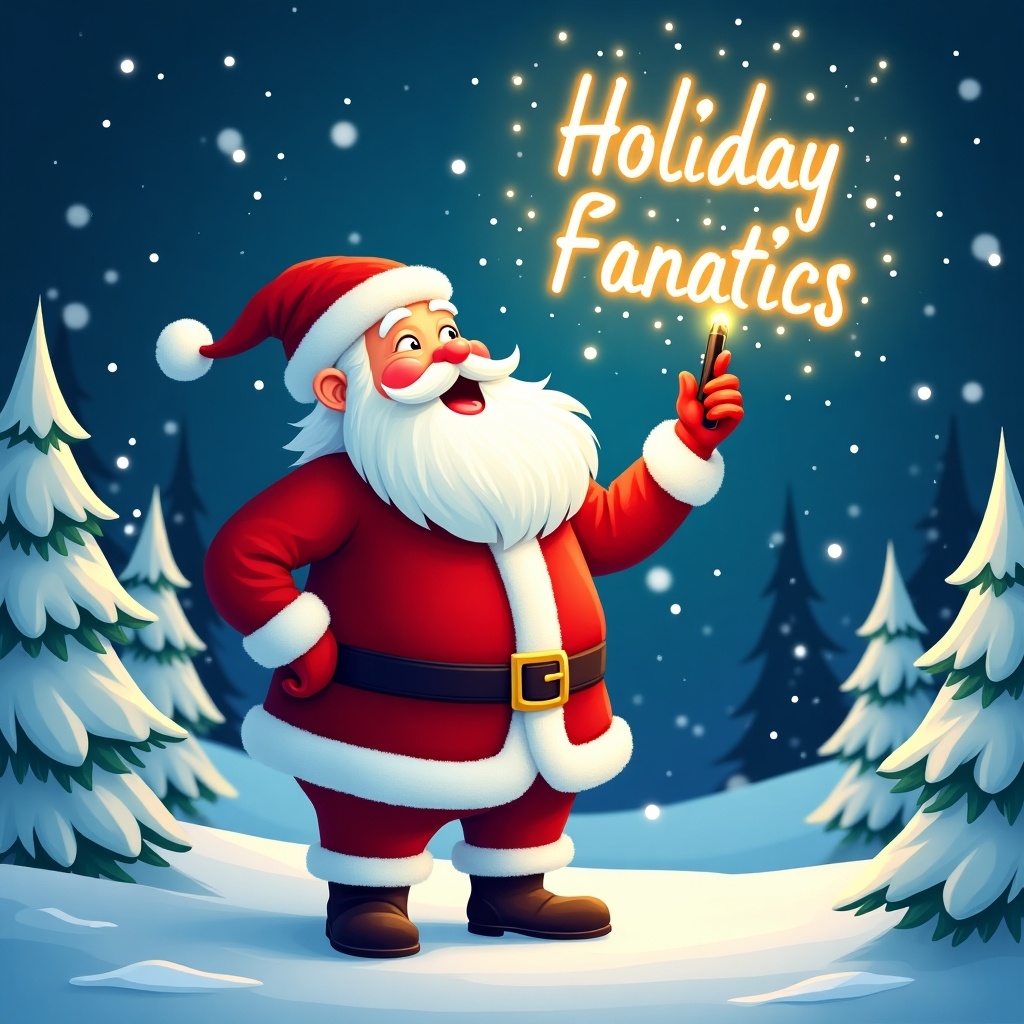 Christmas-themed illustration features Santa Claus in a snowy landscape. Santa gazes upwards while writing 'Holiday Fanatics' in glowing letters. He wears a red and white outfit, holding a magical pen that emits light. The background sparkles, enhancing the festive mood. The scene conveys holiday spirit and joy of personalized celebration.