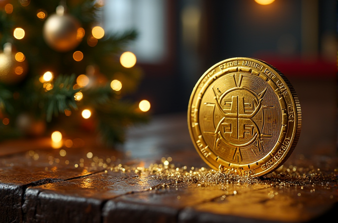 A golden cryptocurrency coin stands upright on a wooden surface, surrounded by small sparkling particles, with a blurred Christmas tree adorned with lights in the background.