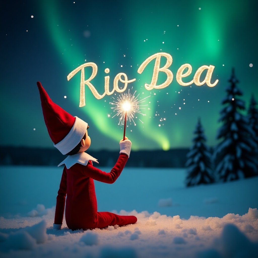 Elf in a red outfit sitting in snow. The elf faces vibrant northern lights with a magic wand. Writing Rio Bea in sparkling letters. Magical Christmas scene with serene snowy background.