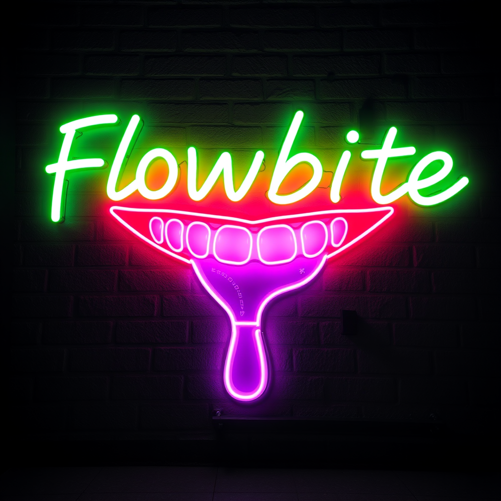 A vibrant neon sign featuring the word 'Flowbite' and a stylized smiling mouth.