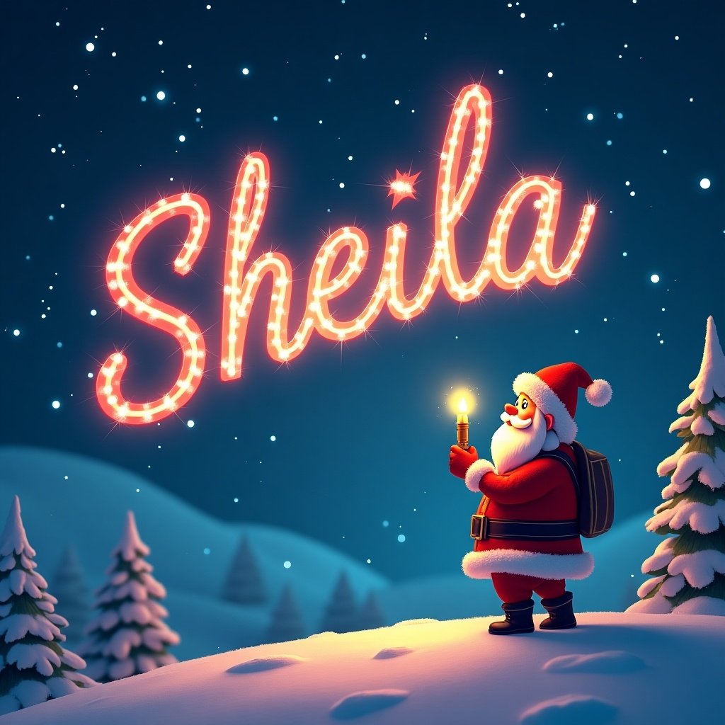 The image features a beautiful Christmas scene where a realistic Santa Claus is in a winter landscape, gazing up at the name 'Sheila' written in colorful calligraphy in the night sky. The letters have a bright, glowing effect, almost twinkling against the dark blue backdrop filled with soft snowflakes. Santa is holding a colorful glow pen, highlighting the festive spirit of the season. Surrounding him are snowy trees, completing the enchanting holiday atmosphere. This depiction captures the joy and warmth of Christmas magic.