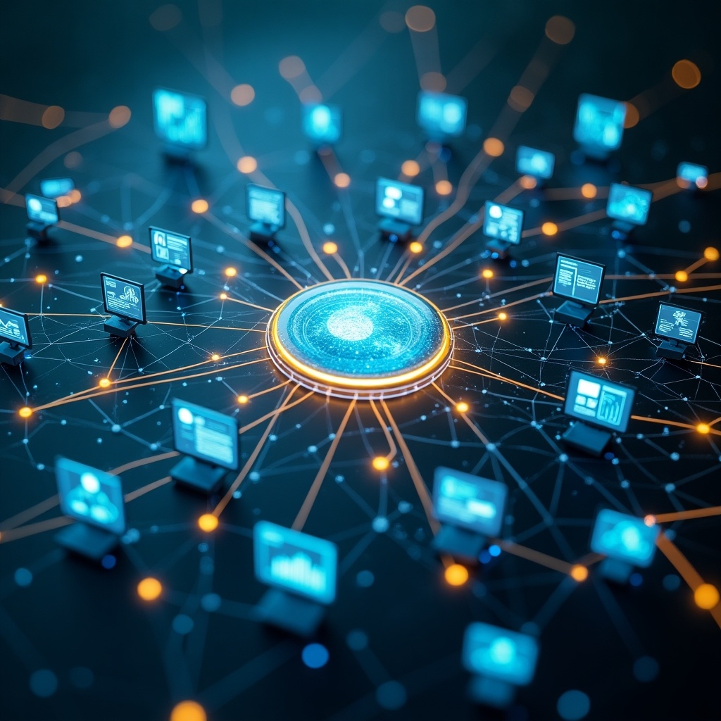 High angle shot of futuristic AI branding hub with interconnected nodes and glowing lines. Central control interface has screens showing social media feeds and trend charts. Main colors are cool blues and teals with accents of orange and yellow. Soft light with flowing lines illustrates efficiency. Subtle network background enhances interconnectedness of AI agents.