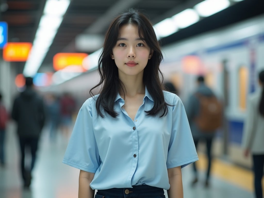 The image showcases a young woman standing in a subway station. She wears a light blue shirt and has a calm expression. The background features blurred figures of commuters, emphasizing the bustling environment. The lighting is soft, creating an inviting atmosphere. This portrait captures a moment of tranquility amidst the rush of urban life. The perspective is direct, allowing viewers to connect with the subject easily.