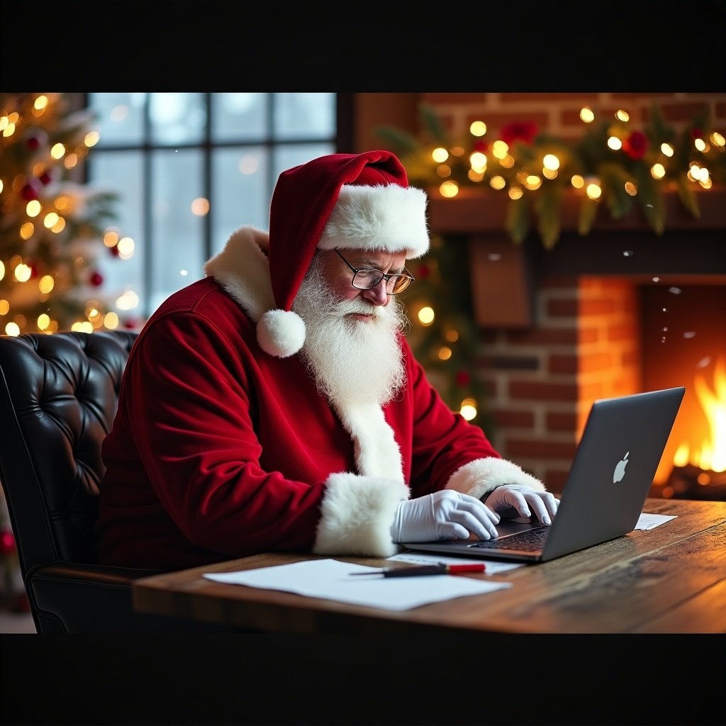 Santa Claus at a wooden desk with a laptop. Dressed in red suit with white fur trim. Warm fireplace and Christmas decorations in the background. Softly lit with twinkling lights. Papers and quill on the desk. Evokes nostalgia and warmth.