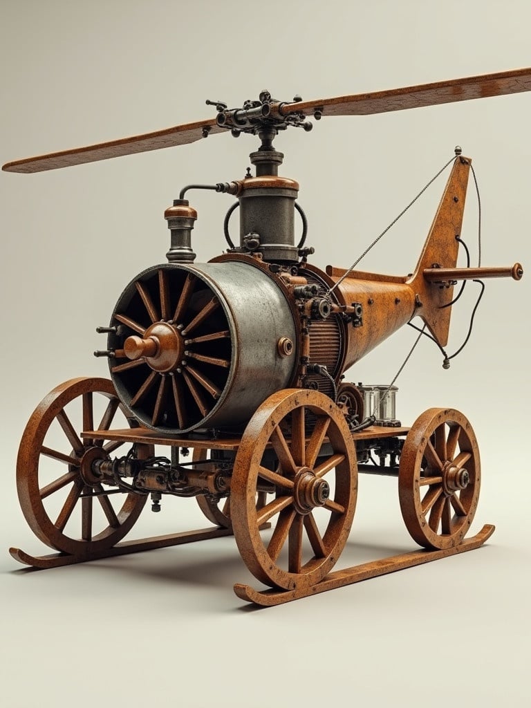 A steam boiler powered helicopter designed in the style of Leonardo da Vinci features wood leather and tin. Four wagon wheels serve as landing gear. Built around a horizontal steam boiler. The rendering is meticulous and hyper-realistic.