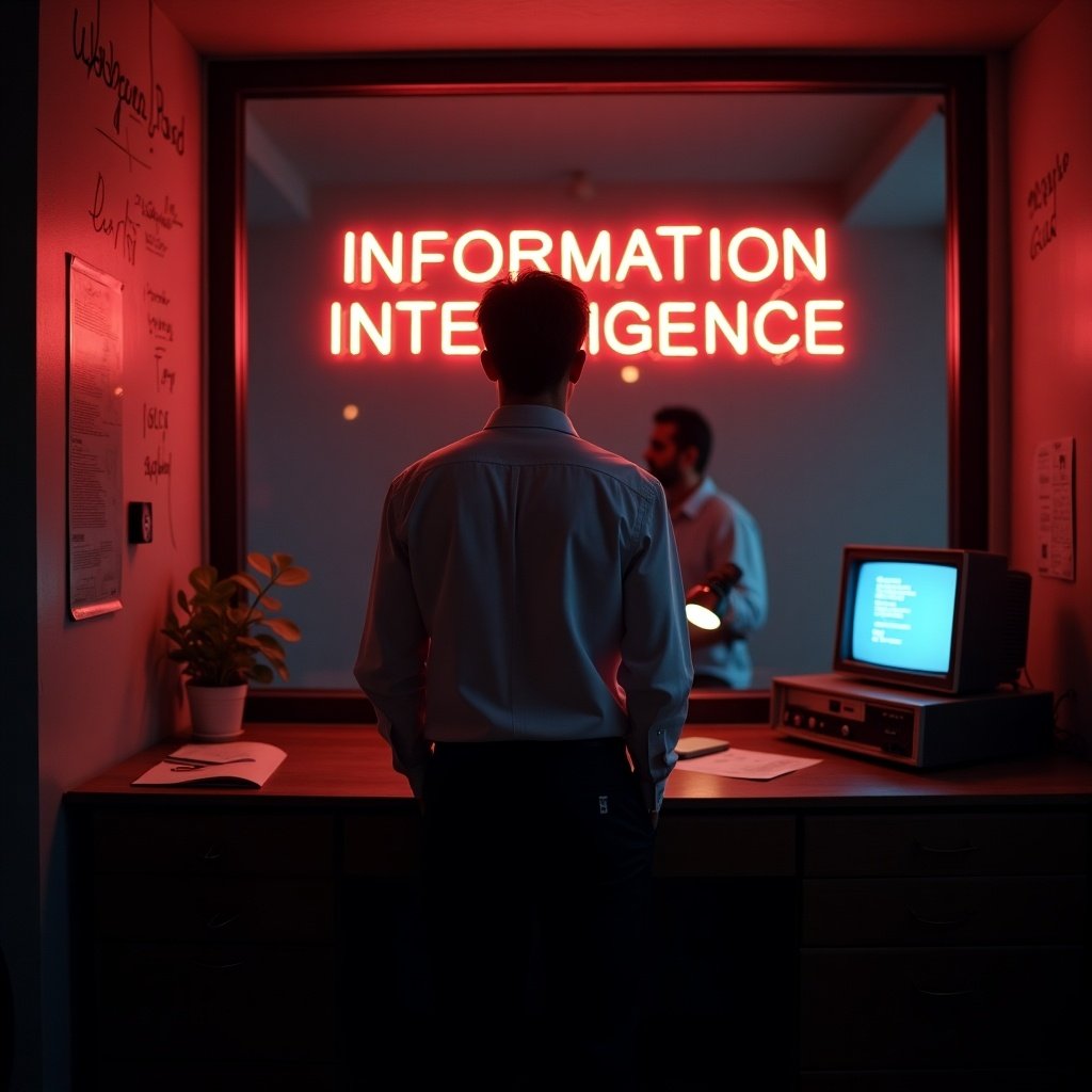 Glowing neon sign in a window. Young man in business attire in a dimly lit room. Facing neon sign reading 'INFORMATION INTELLIGENCE'. Retro-futuristic ambiance. Walls with scribbles and notes. Old-style computer on a wooden table. Computer screen emitting blue glow. Small plant and papers on table. Moody lighting creates intrigue.