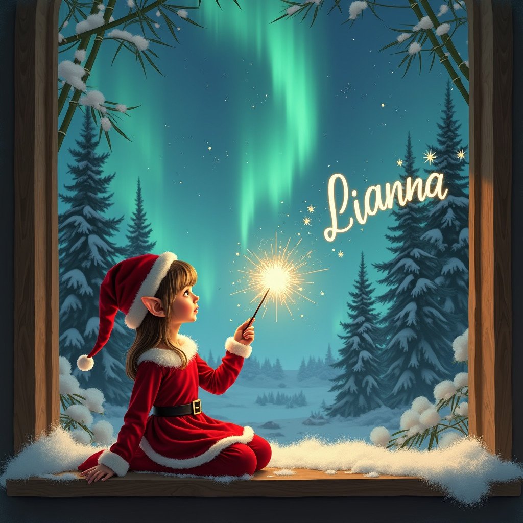 Depiction of an elf girl sitting on a windowsill. She gazes at a magical sky full of northern lights. Wearing a red outfit and hat. In her hand, a magic wand. She writes 'Lianna' in the sky. Background features bamboo and evergreen trees. Captures the essence of holiday magic.