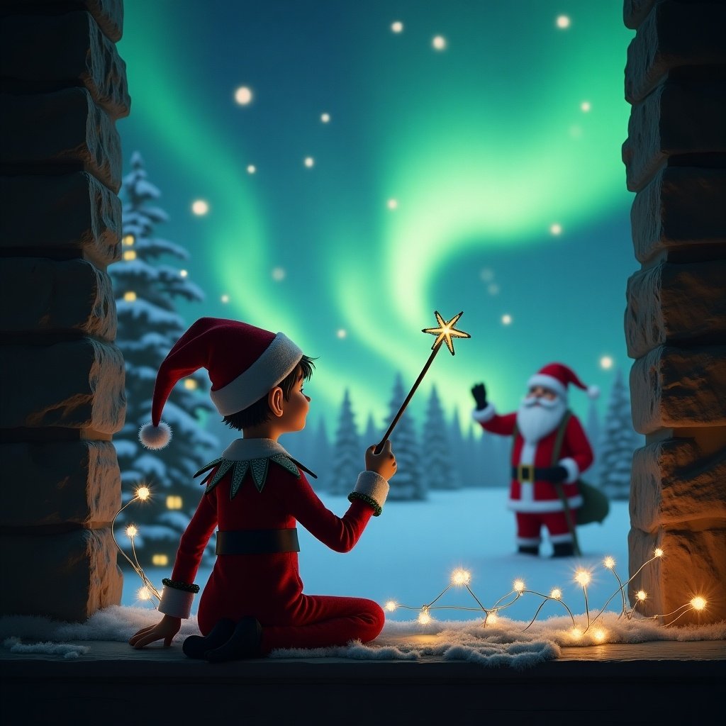 Elf on the shelf faces the sky. Holding a wand and preparing to write Ciaran. Magical Christmas background with northern lights and Santa visible in distance. Cozy window frame and soft glowing lights.